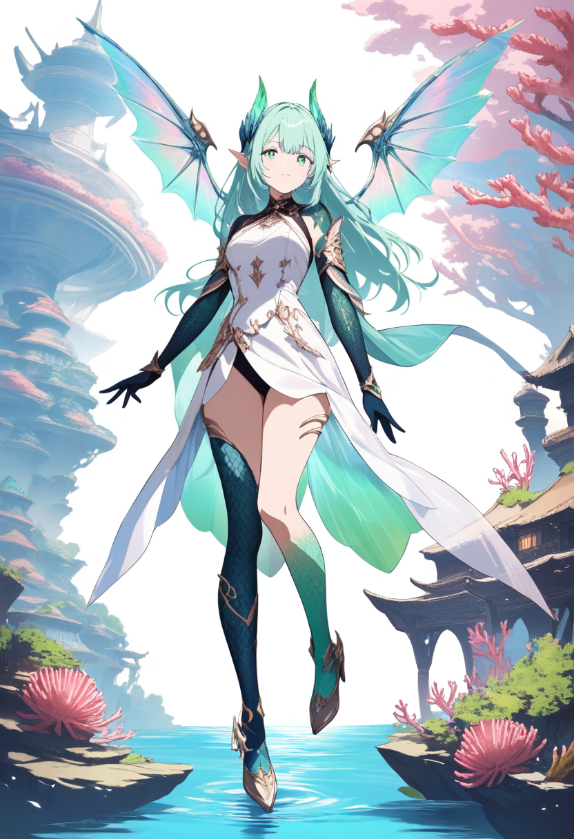 A dragon girl with iridescent blue-green scales, large translucent wings, sea-green eyes, aquatic fins on arms, coral reef underwater palace