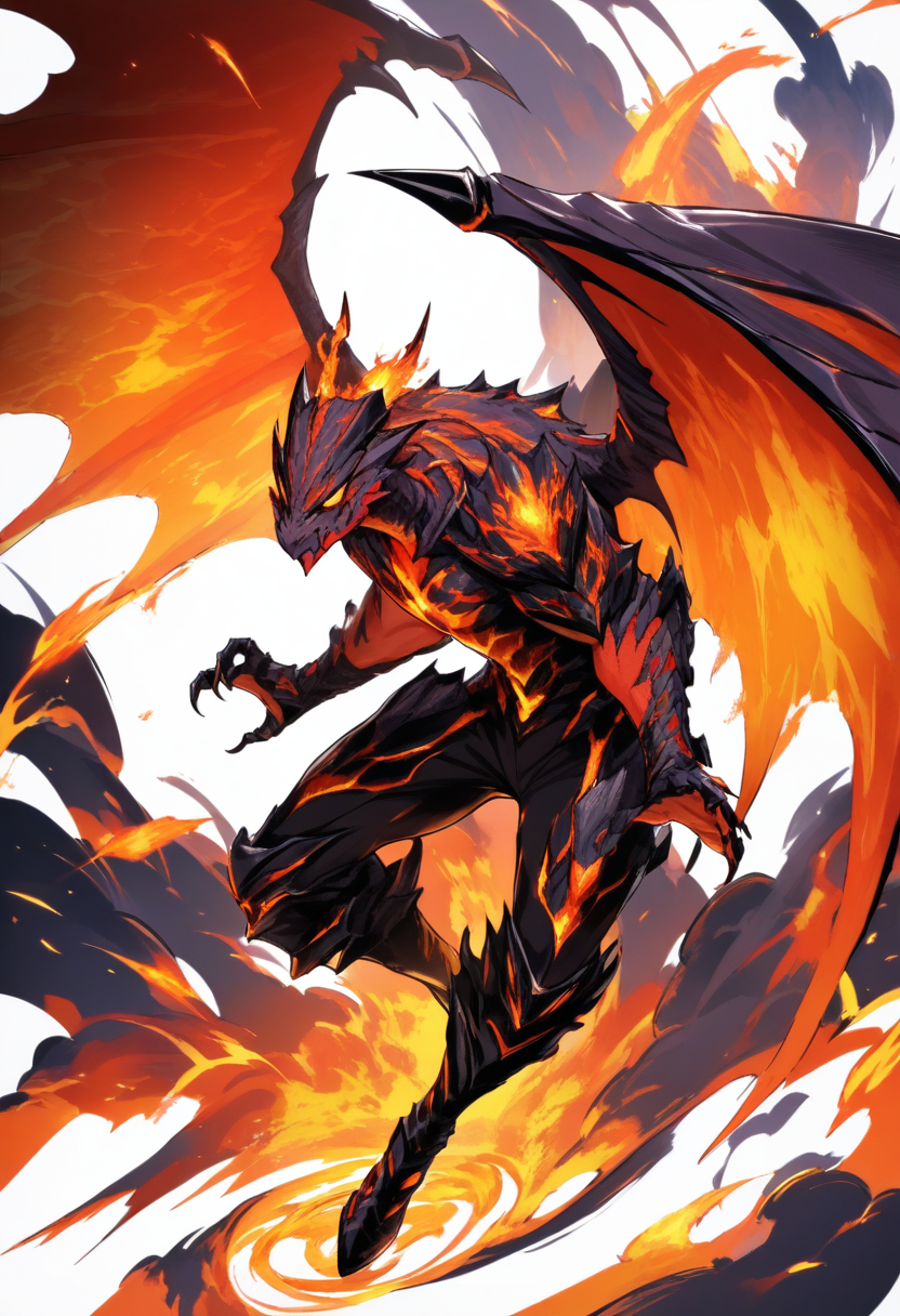 A dragon boy with dark crimson scales, massive bat-like wings, fiery orange eyes, smoke wisping from nostrils in a volcanic mountain lair