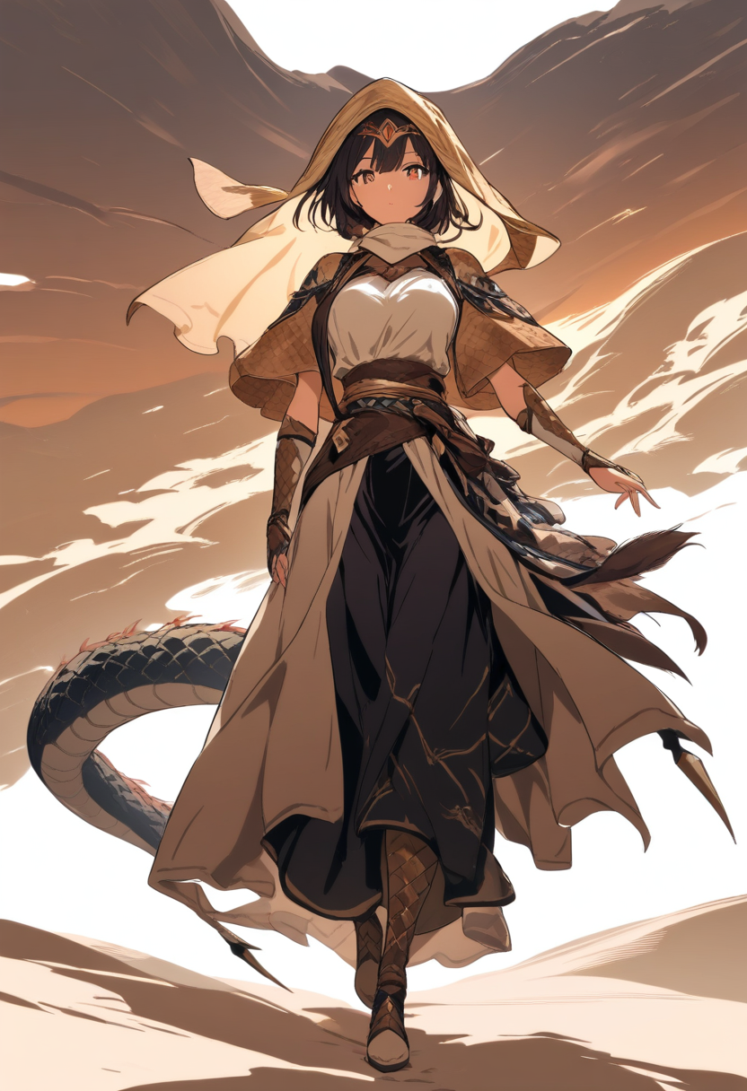 A dragon girl with sandy gold scales, barbed tail, dark eyes with star-shaped pupils, desert headscarf in a vast sand dune expanse at sunset