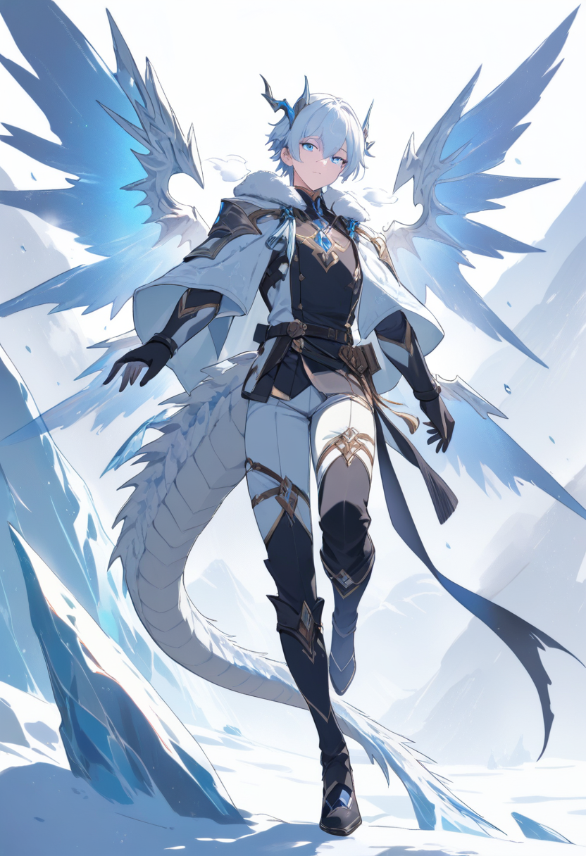 A dragon boy with pale icy white scales, serrated frost wings, piercing blue eyes, breath of frost mist in a glacial tundra