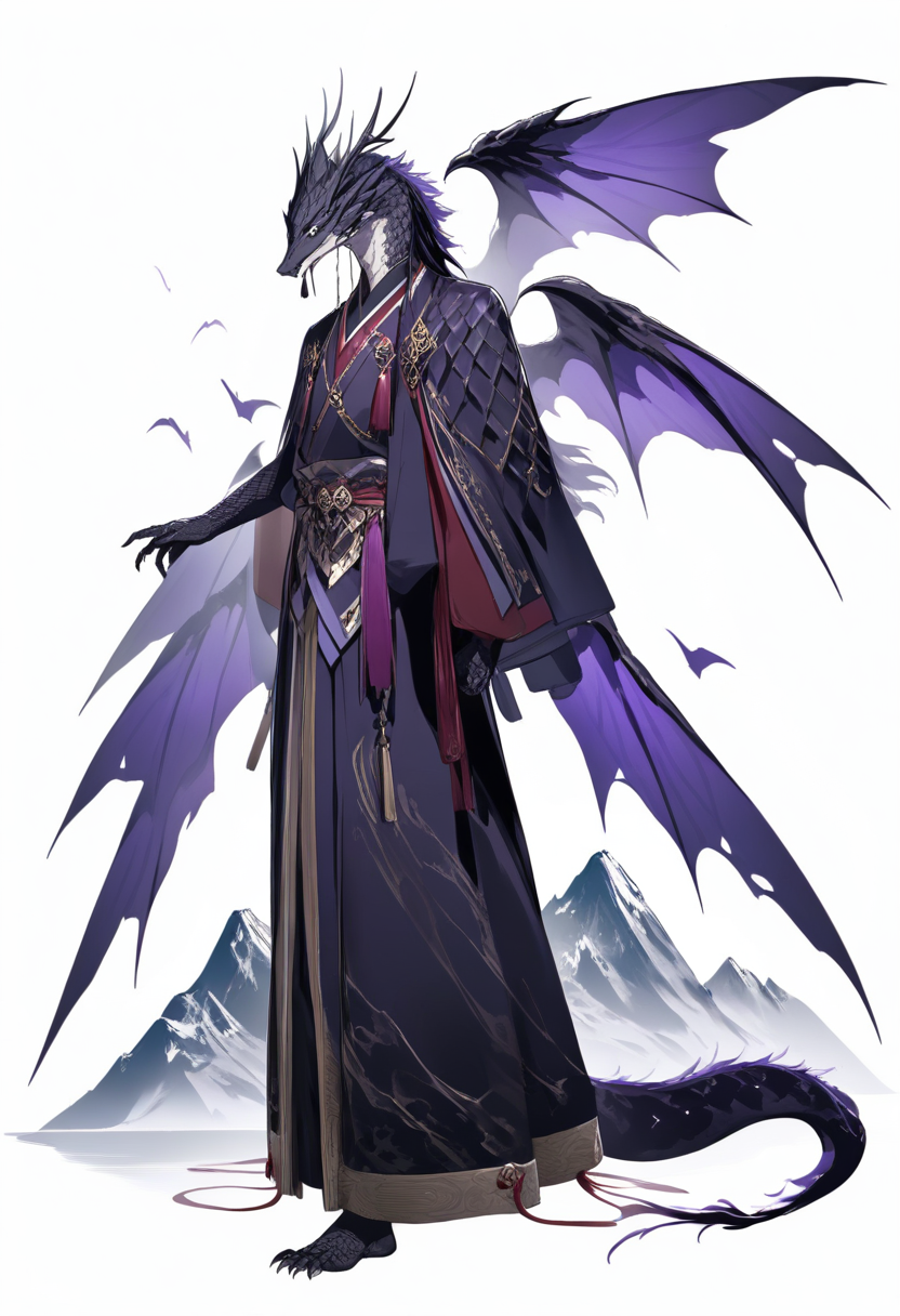 A dragon boy with deep purple and black scales, four wings, silver teardrop scales near eyes, regal posture at a moonlit mountain peak