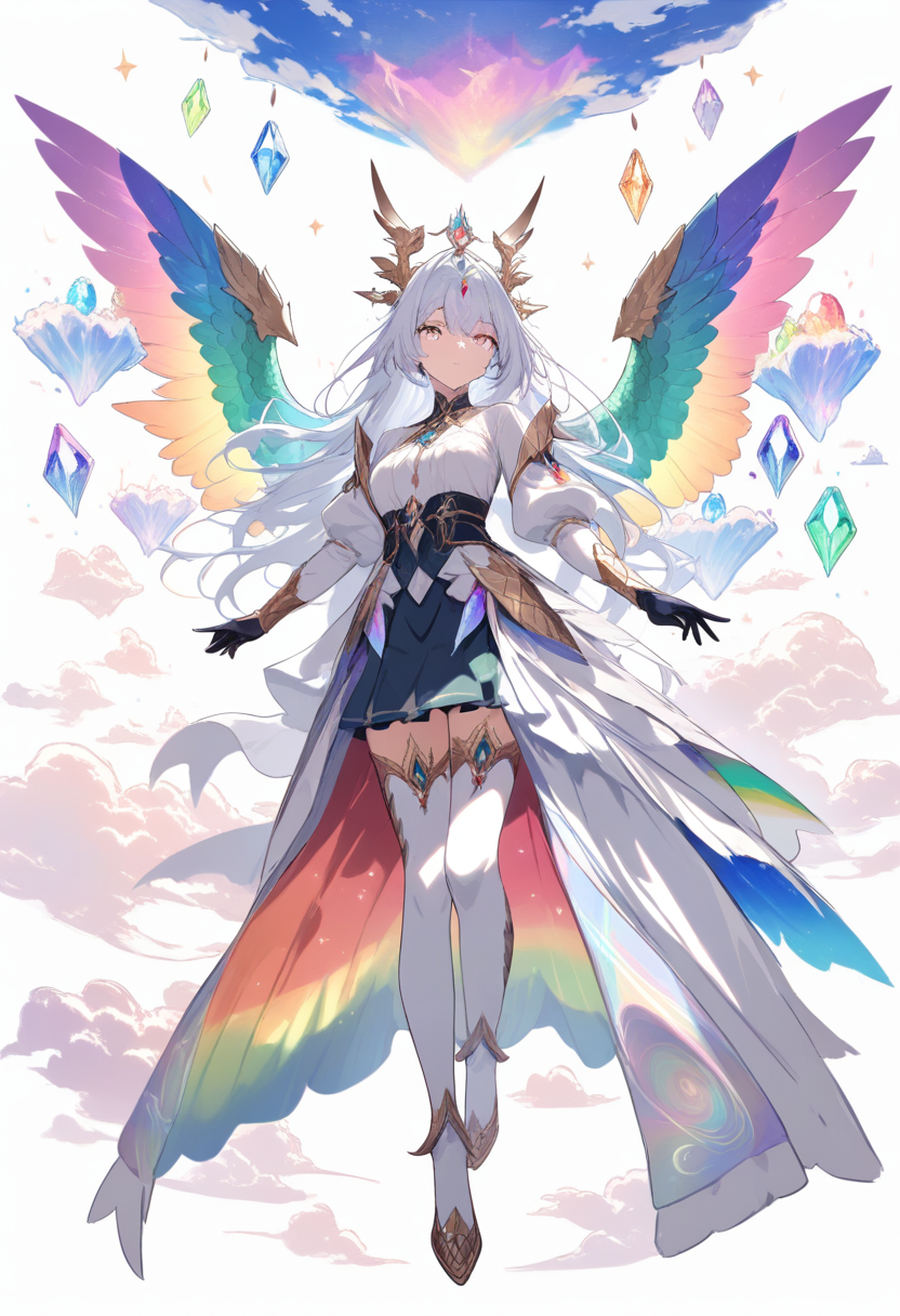 A dragon girl with shimmering rainbow-shifting scales, elegant feathered wings, kaleidoscope eyes, jeweled tiara on a floating crystal island