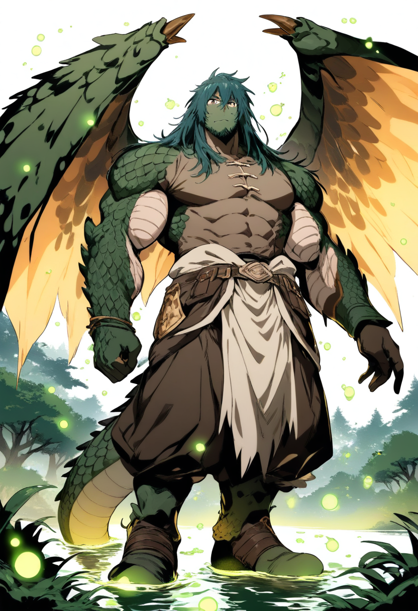 A dragon boy with mud-brown and amber scales, thick muscular build, flat armored wings, warm brown eyes in a swampy marshland with fireflies